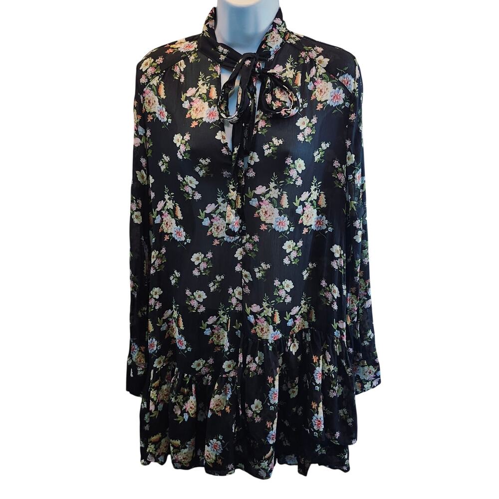Zara SZ Small Pleated Romantic Floral Black Semi Sheer Ruffle Dress Tunic